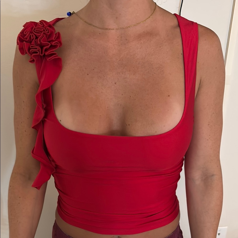 White Fox Boutique Red Asymmetrical Ruffled Tank Top